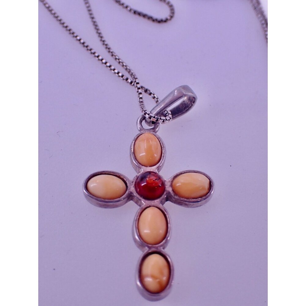 Amber and Sterling Oval Bezel Setting Cross Pendant Necklace